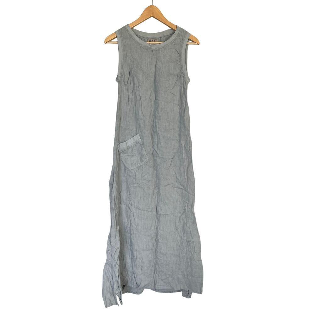 Flax Brand Long Serene Gray 100% Linen Maxi Dress Women P 4-6 Pocket Sleeveless